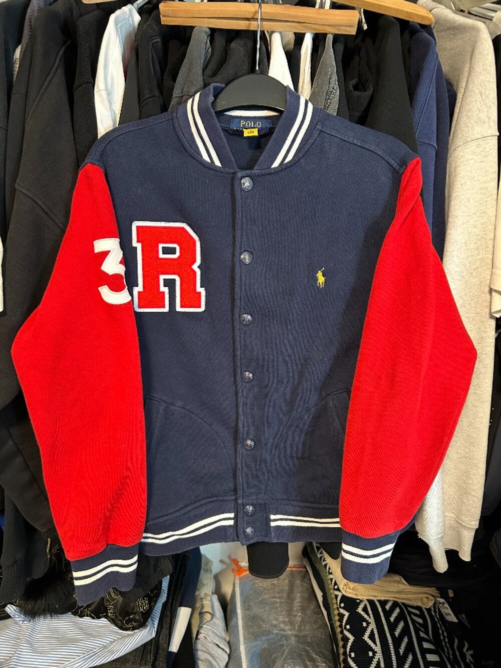 Polo Ralph Lauren Kids Navy Blue and Red Varsity Jacket - Size M 10/12